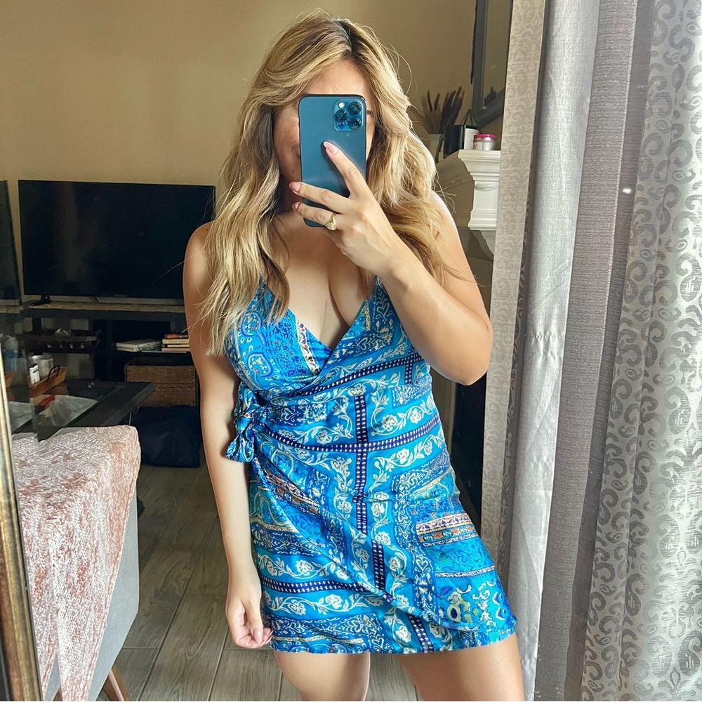Zara | NWT! Blue Floral Paisley Satin Effect Mini Dress Size: Medium - Picture 1 of 9